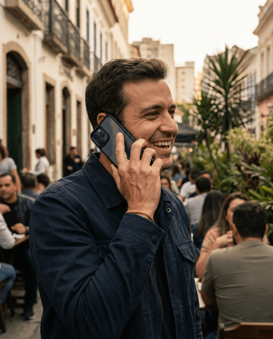 Cliente usando o smartphone protegido no dia a dia